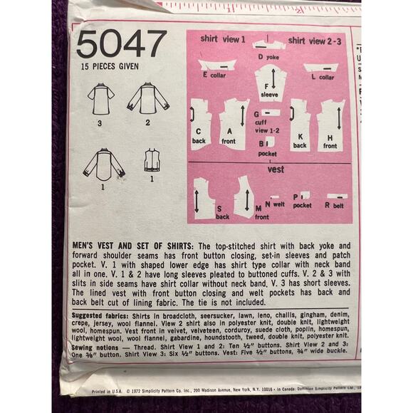Simplicity sewing pattern 5047 Mens button down shirt vest - Picture 4 of 5